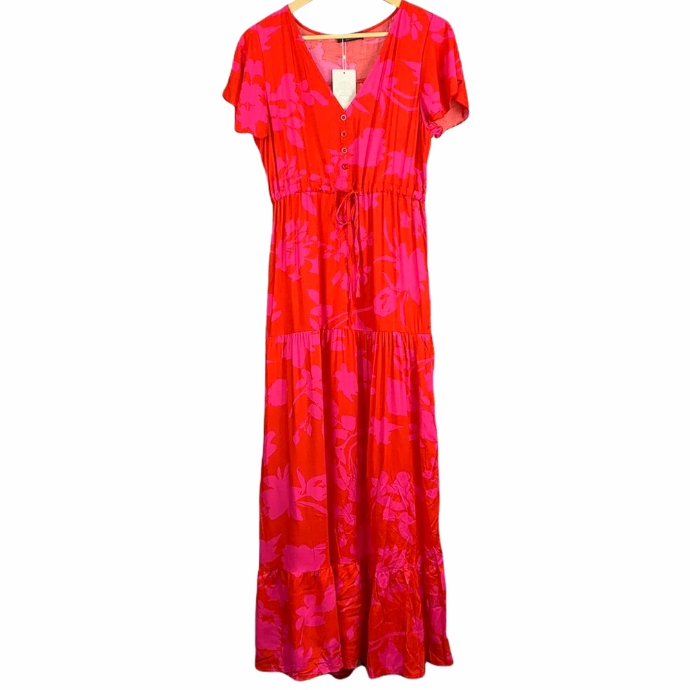 Boho Chic Floral V-Neck Button Tiered Toe Waist Maxi Dress - Picture 3 of 16